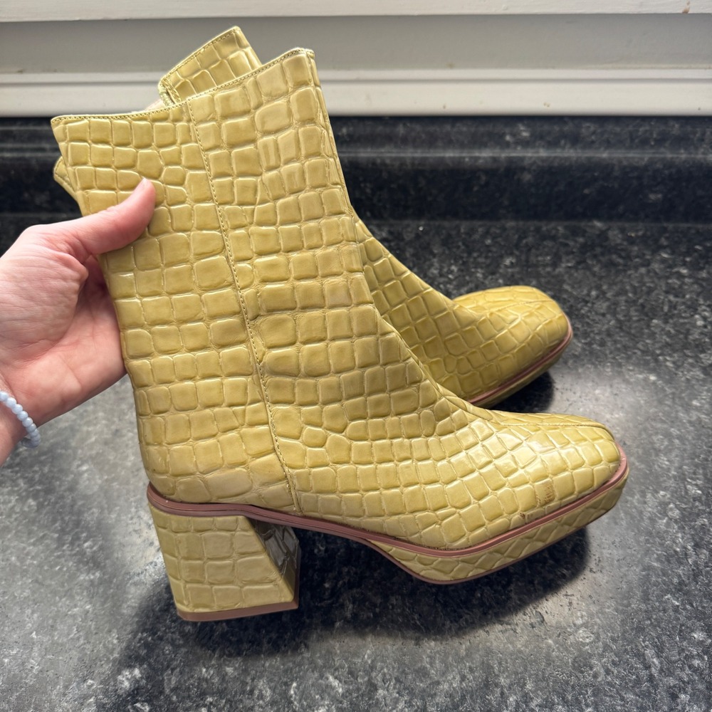 Yellow Croc-Embossed Block Heel Ankle Boots - Women's
